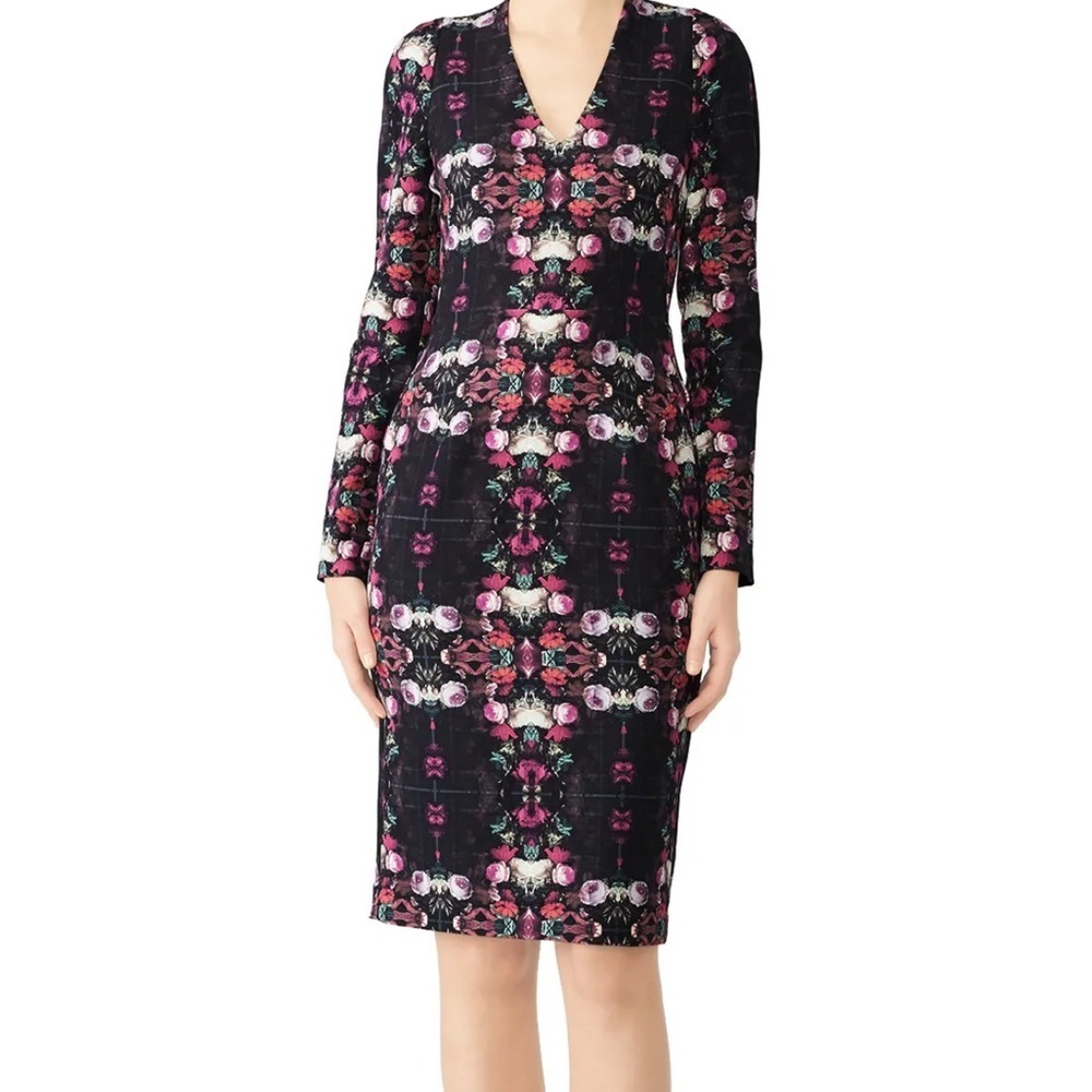 Black Halo Floral V-Neck Sheath Dress 3/4 Sleeve Purple Black Size 0 5129883